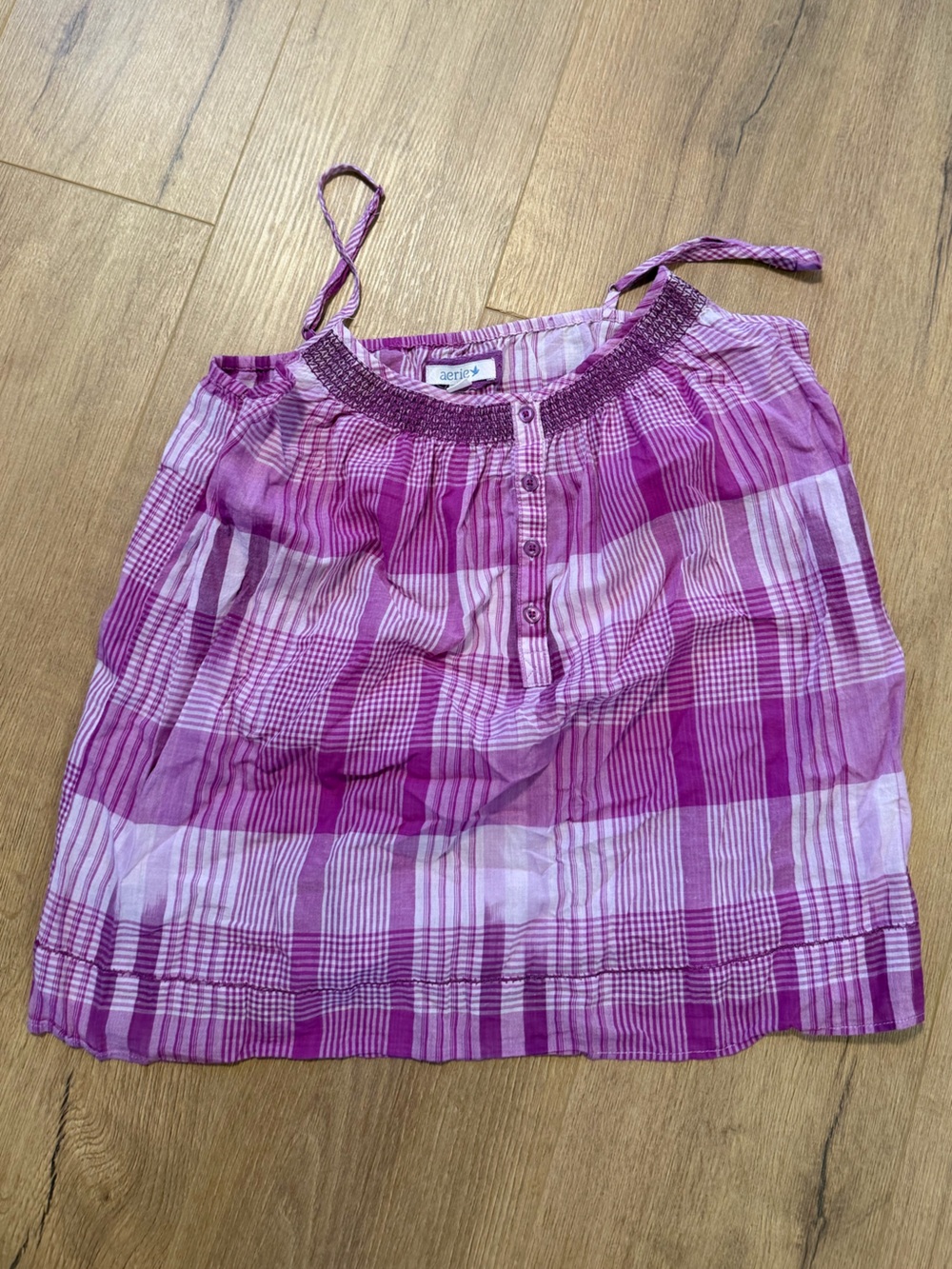 aerie Pink Purple Plaid Smocked Neck Cami